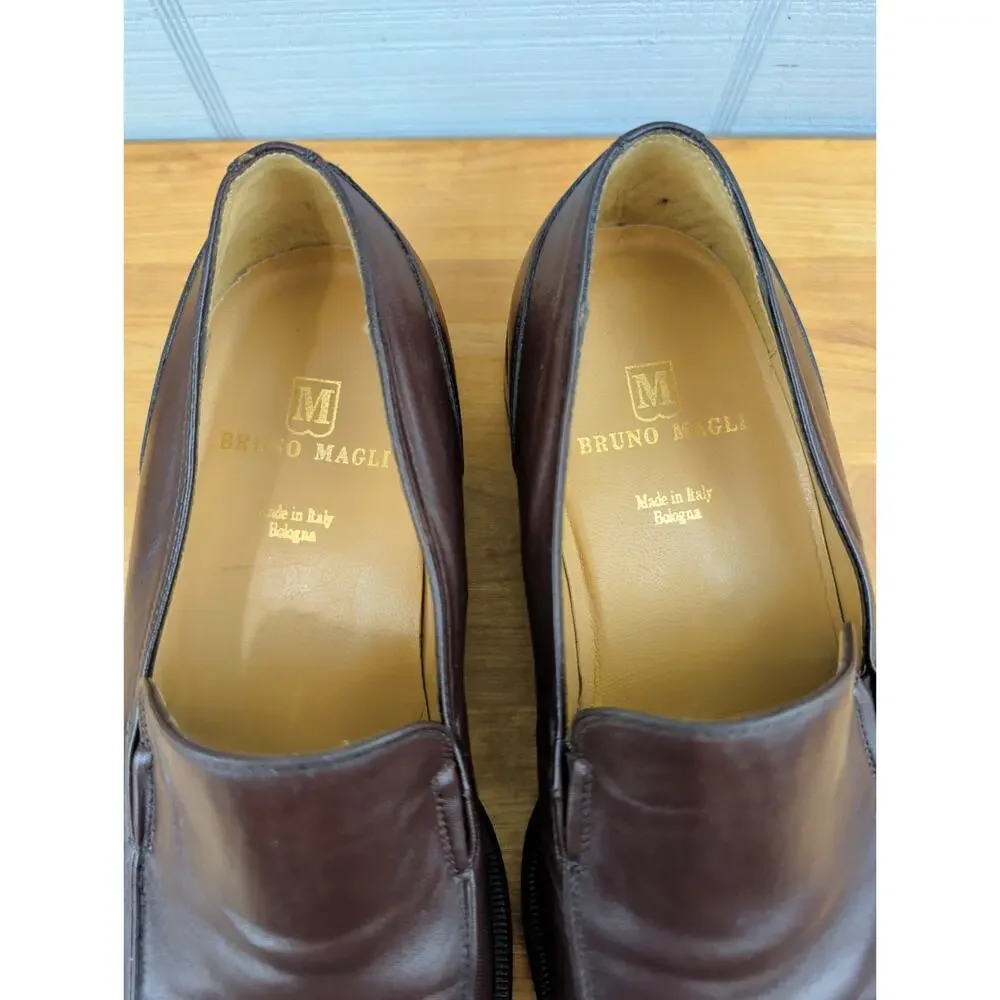 Bruno Magli Mens Brice Brown Leather Dress Shoes 12 Wide Slip On Loafers Italy